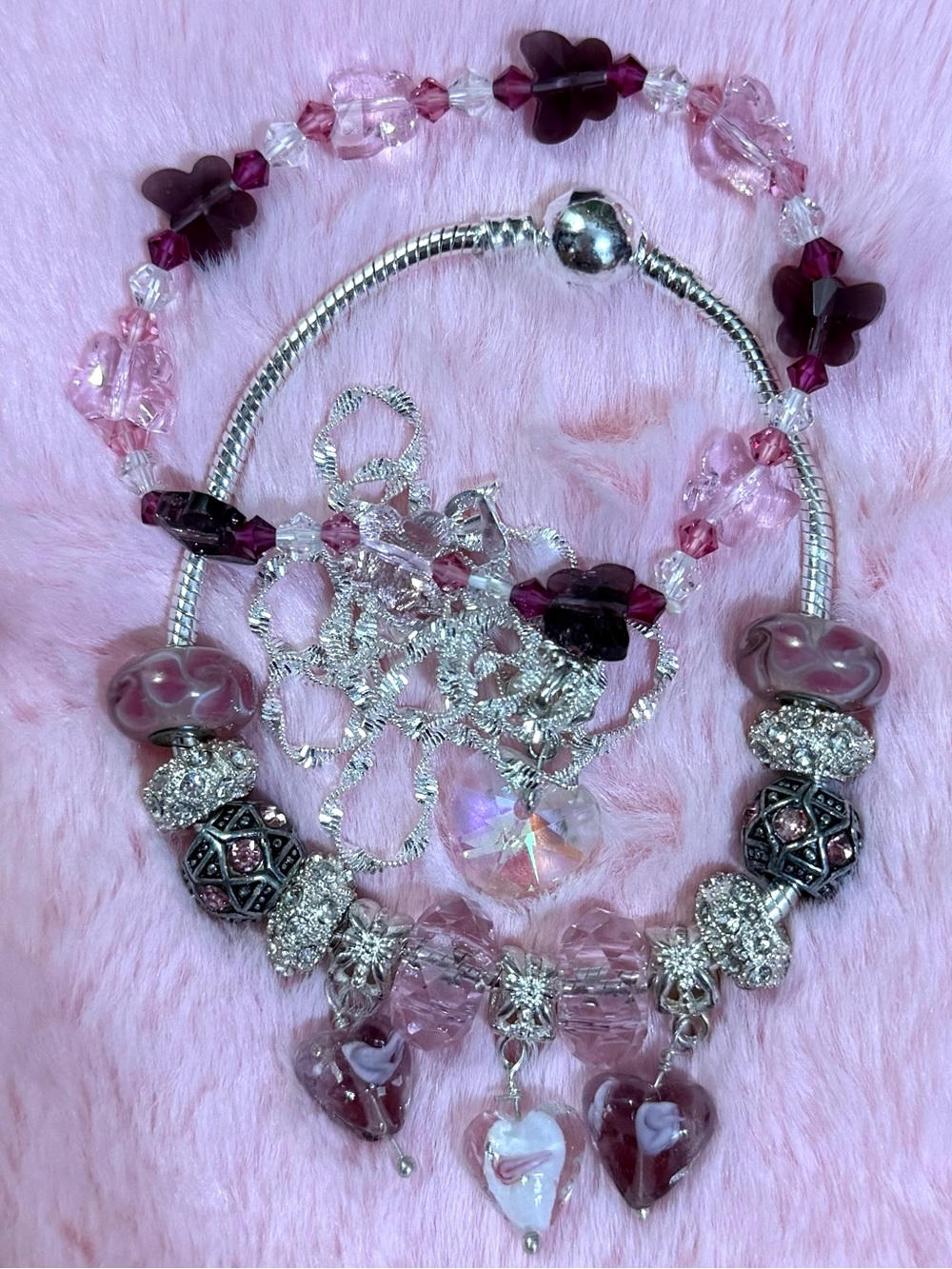 Czech Crystal Purple Pink Butterfly Heart Bracelet Necklace Earrings